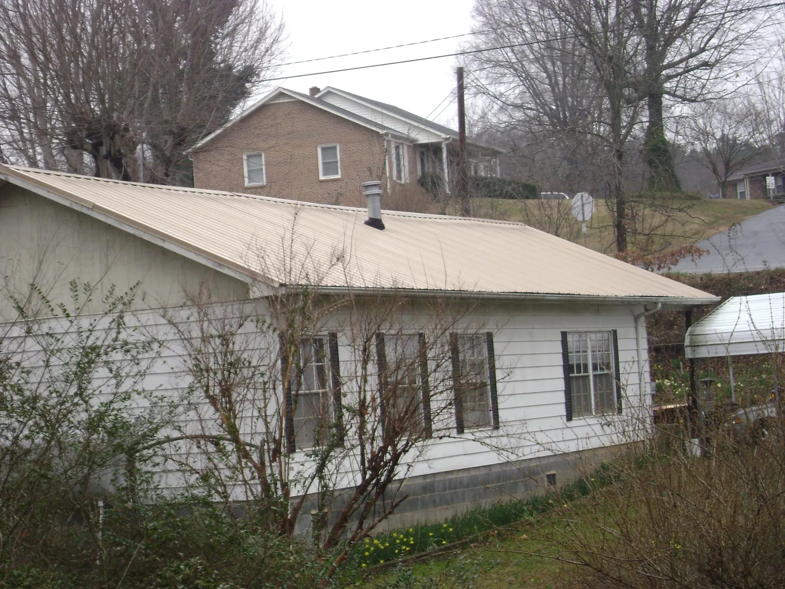 Tan metal roof on a white sided house set into a hillside in Brunswick